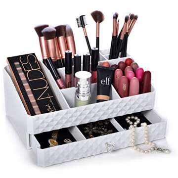 Masirs Cosmetic Storage Box Organizer - Compartments to Organize and Store your Makeup and Accessories. Drawer with Padding to Protect Jewelry. Will Sit Neatly on Vanity or Bathroom Countertop.