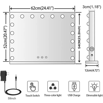 Kottova Vanity Mirror with 17 Dimmable LEDs and USB Charging