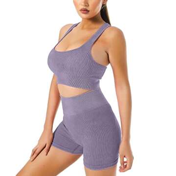JOTEUS Workout Outfits for Women 2 Piece Yoga Set Seamless Ribbed Sports Bra High Waist Gym Shorts Activewear Sets