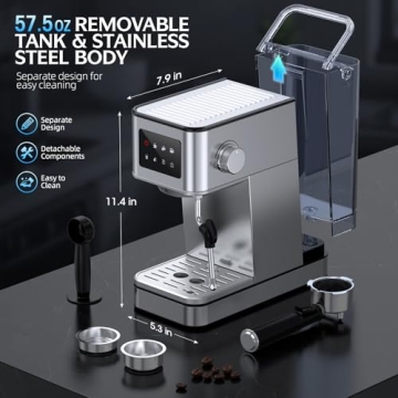 QJA Espresso Machine, 20 Bar Professional Espresso Maker, Milk Frother Steam Wand for Latte, Compact Stainless Steel Machine with 57.5oz Removable Water Tank and LED Touchscreen Monitors