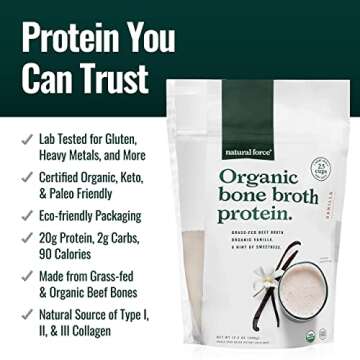 Natural Force - Vanilla Organic Bone Broth Protein Powder, Grass-Fed & Keto Certified, Types I, II & III Collagen, Smooth and Creamy, Perfect for Smoothies & Shakes, 12.3 oz