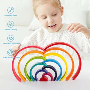 XJYQJD Wooden Rianbow Stacker Playset, 4-in-1 Rainbow Stacking Toys Building Blocks for Kids Ages 3 ...