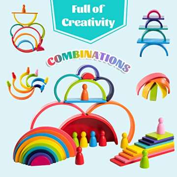 XJYQJD Wooden Rianbow Stacker Playset, 4-in-1 Rainbow Stacking Toys Building Blocks for Kids Ages 3 4 5 Preschool Montessori Toys Christmas Birthday Gifts for Toddlers Boys Girls 3-5 (45 Pieces)
