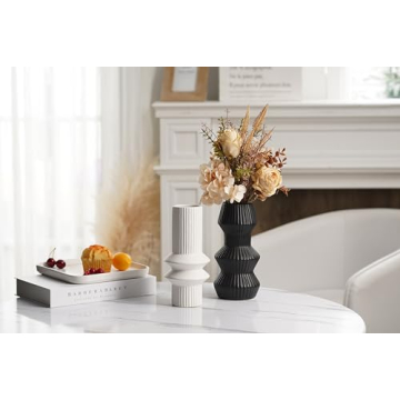 TERESA'S COLLECTIONS Black and White Modern Vases for Home Decor,Decorative Flower Fornasetti Christmas Ceramic Vase for Fireplace,Living Room,Mantel,Shelf,Table,Ideal Gifts for Mom,8.4"-Vase Set of 2