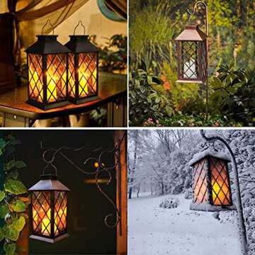 Solar Outdoor Lantern, Garden Hanging Waterproof Lanterns PVC Upgrade 3 LED Flickering Flameless Candle Decorative for Garden Women Mom Grandma Halloween Gifts (Grid Candle)