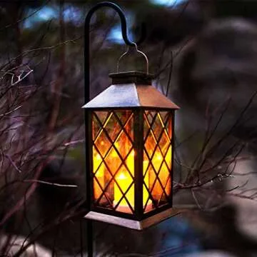Solar Outdoor Lantern, Garden Hanging Waterproof Lanterns PVC Upgrade 3 LED Flickering Flameless Candle Decorative for Garden Women Mom Grandma Halloween Gifts (Grid Candle)