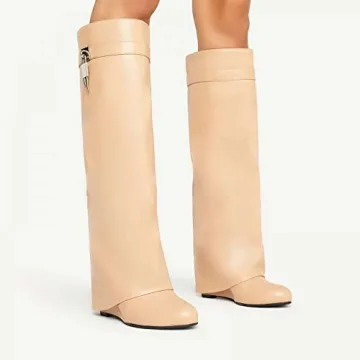 Keleimusi Stylish Fold Over Wedge Knee High Boots