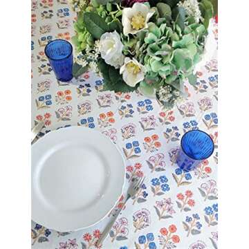 ATOSII Flora Bloom 100% Cotton Rectangle Summer Tablecloth, Block Print Floral Table Cloth for Dinin...
