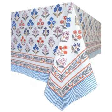 ATOSII Flora Bloom 100% Cotton Rectangle Summer Tablecloth, Block Print Floral Table Cloth for Dining Parties Wedding Outdoors I Grand Millennial Home Decor 60 X 90 Inches I 6 Seater I Memorial Day
