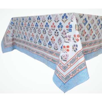 ATOSII Flora Bloom 100% Cotton Rectangle Summer Tablecloth, Block Print Floral Table Cloth for Dining Parties Wedding Outdoors I Grand Millennial Home Decor 60 X 90 Inches I 6 Seater I Memorial Day