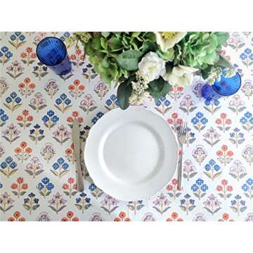 ATOSII Flora Bloom 100% Cotton Rectangle Summer Tablecloth, Block Print Floral Table Cloth for Dining Parties Wedding Outdoors I Grand Millennial Home Decor 60 X 90 Inches I 6 Seater I Memorial Day
