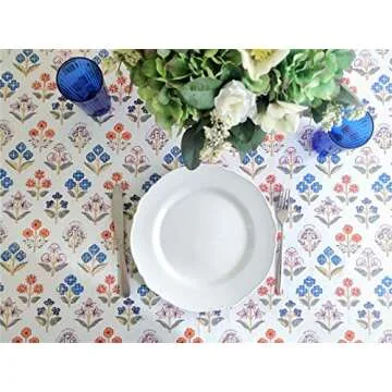 ATOSII Flora Bloom 100% Cotton Rectangle Summer Tablecloth, Block Print Floral Table Cloth for Dining Parties Wedding Outdoors I Grand Millennial Home Decor 60 X 90 Inches I 6 Seater I Memorial Day