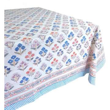 ATOSII Flora Bloom 100% Cotton Rectangle Summer Tablecloth, Block Print Floral Table Cloth for Dining Parties Wedding Outdoors I Grand Millennial Home Decor 60 X 90 Inches I 6 Seater I Memorial Day