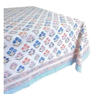 ATOSII Flora Bloom 100% Cotton Rectangle Summer Tablecloth, Block Print Floral Table Cloth for Dining Parties Wedding Outdoors I Grand Millennial Home Decor 60 X 90 Inches I 6 Seater I Memorial Day