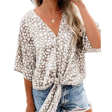 Farktop Stylish Floral V Neck Tie Blouses for Women