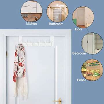 SKOLOO Over The Door Hook Hanger- 6 Hooks, Stainless Steel Door Hook, Over Door Rack for Hanging Coats Clothes Hats Robes, White