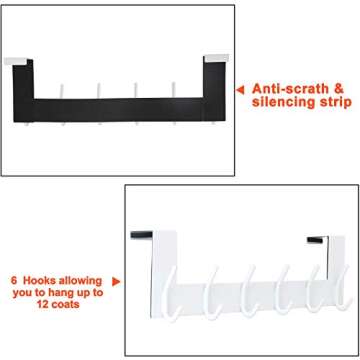 SKOLOO Over The Door Hook Hanger- 6 Hooks, Stainless Steel Door Hook, Over Door Rack for Hanging Coats Clothes Hats Robes, White