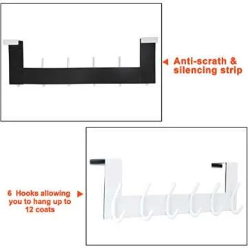 SKOLOO Over The Door Hook Hanger- 6 Hooks, Stainless Steel Door Hook, Over Door Rack for Hanging Coats Clothes Hats Robes, White