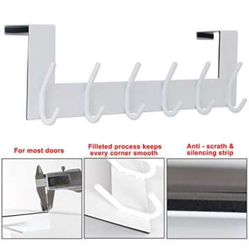 SKOLOO Over The Door Hook Hanger- 6 Hooks, Stainless Steel Door Hook, Over Door Rack for Hanging Coats Clothes Hats Robes, White