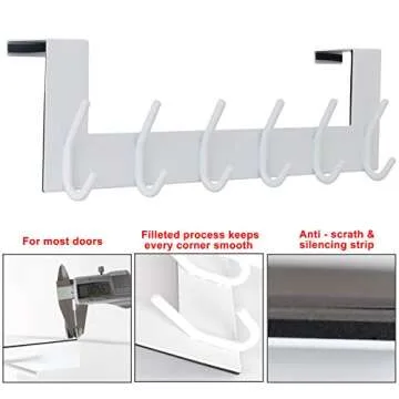 SKOLOO Over The Door Hook Hanger- 6 Hooks, Stainless Steel Door Hook, Over Door Rack for Hanging Coats Clothes Hats Robes, White