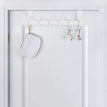 SKOLOO Over The Door Hook Hanger- 6 Hooks, Stainless Steel Door Hook, Over Door Rack for Hanging Coats Clothes Hats Robes, White
