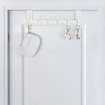 SKOLOO Over The Door Hook Hanger- 6 Hooks, Stainless Steel Door Hook, Over Door Rack for Hanging Coats Clothes Hats Robes, White
