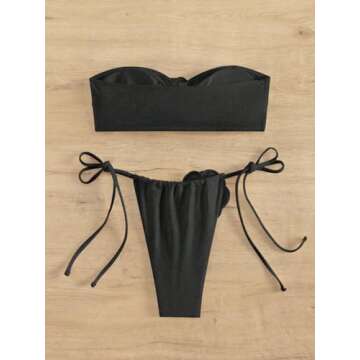 MakeMeChic Women's 2 Piece Bandeau Swimsuit 3D Floral Tie Side High Cut Bikini Set Bathing Suit Applique Black Small