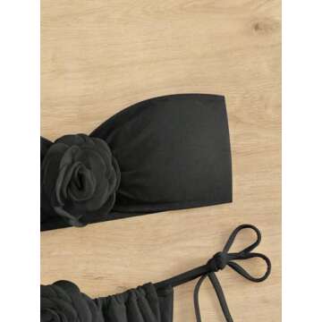 MakeMeChic Women's 2 Piece Bandeau Swimsuit 3D Floral Tie Side High Cut Bikini Set Bathing Suit Applique Black Small