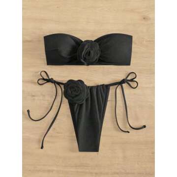 MakeMeChic Women's 2 Piece Bandeau Swimsuit 3D Floral Tie Side High Cut Bikini Set Bathing Suit Applique Black Small