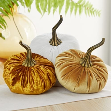 Set of 3 Velvet 6.25 Inch Pumpkins, gold accent fall decor, elegant gift set for hostess, gold weddi...