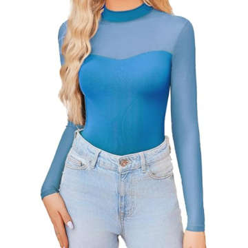 Avidlove Women's Trendy Mock Turtle Neck Sheer Mesh Long Sleeve Bodysuit Shirts Going Out Body suit ...