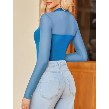 Trendy Mock Turtle Neck Sheer Bodysuit for Women
