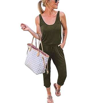 REORIA Women Summer Casual Sleeveless Tank Top Elastic Waist Loose Jumpsuit Rompers With Pockets Army Green Small