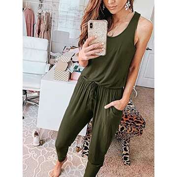 REORIA Women Summer Casual Sleeveless Tank Top Elastic Waist Loose Jumpsuit Rompers With Pockets Army Green Small