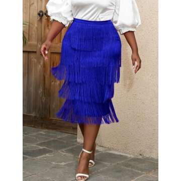 AOMEI Women's Blue High Waist Fringe Tiered Bodycon Pencil Midi Skirt XL