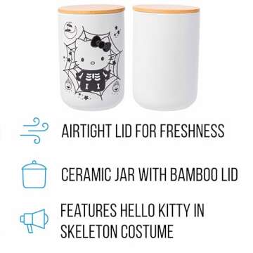 Silver Buffalo Sanrio Hello Kitty Halloween Spooky Skeleton Web Ceramic Cookie Snack Candy Jar with Airtight Bamboo Lid, Black and White (Small)