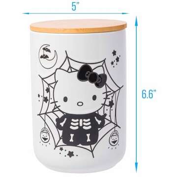 Silver Buffalo Sanrio Hello Kitty Halloween Spooky Skeleton Web Ceramic Cookie Snack Candy Jar with Airtight Bamboo Lid, Black and White (Small)