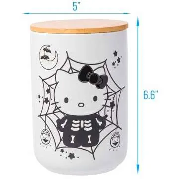Silver Buffalo Sanrio Hello Kitty Halloween Spooky Skeleton Web Ceramic Cookie Snack Candy Jar with Airtight Bamboo Lid, Black and White (Small)