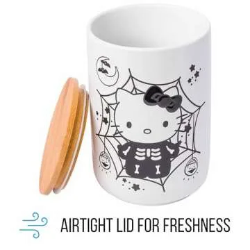 Silver Buffalo Sanrio Hello Kitty Halloween Spooky Skeleton Web Ceramic Cookie Snack Candy Jar with Airtight Bamboo Lid, Black and White (Small)