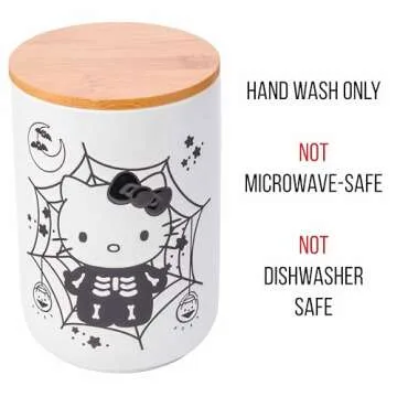 Silver Buffalo Sanrio Hello Kitty Halloween Spooky Skeleton Web Ceramic Cookie Snack Candy Jar with Airtight Bamboo Lid, Black and White (Small)