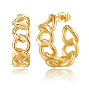 Dainty Gold Chain Link Hoop Earrings 14K Gold Plated Cuban Chain Link Hoop Earrings Gold Earrings fo...