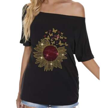 MAKARTHY Women Sparkly Sequined Shirts Plus Size Sexy Sunflower Print Off Shoulder T-Shirt Tops, Bla...