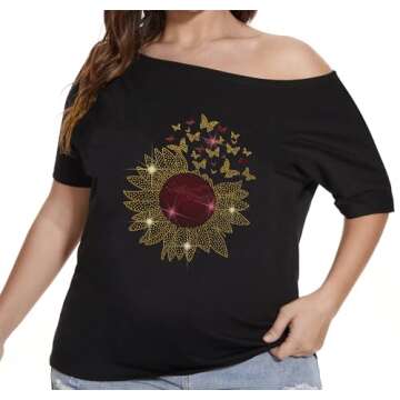 MAKARTHY Women Sparkly Sequined Shirts Plus Size Sexy Sunflower Print Off Shoulder T-Shirt Tops, Black+ Gold Sunflower, Medium