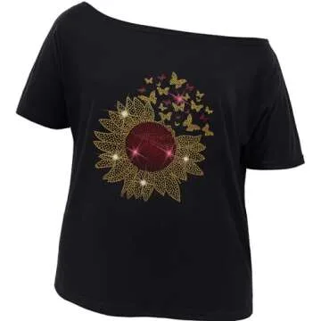MAKARTHY Women Sparkly Sequined Shirts Plus Size Sexy Sunflower Print Off Shoulder T-Shirt Tops, Black+ Gold Sunflower, Medium