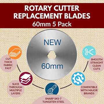 Madam Sew 60mm Rotary Cutter Replacement Blades, 5 Tungsten Steel Blades | Cuts Thick Layers of Fabr...