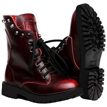 Shenn Women's Wine Red Mid Calf Combat Boots - Stylish Comfort