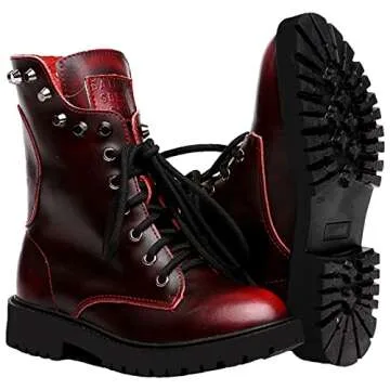 Shenn Women's Wine Red Mid Calf Combat Boots - Stylish Comfort