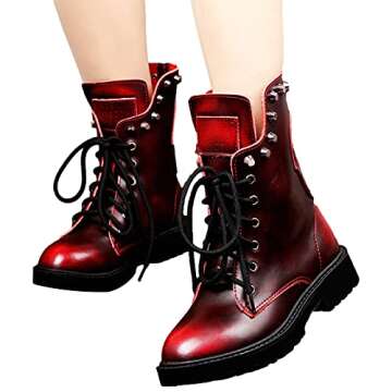 Shenn Women's Wine Red Mid Calf Combat Boots - Stylish Comfort
