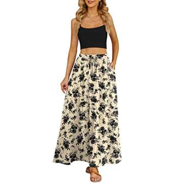 Yincro Women's Flowy Maxi Skirt Summer Pleated High Waisted Casual Long Skirts with Pockets (Black Flower Light Beige, 2XL)