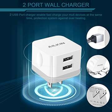 2Pack USB Wall Charger Plug, AILKIN 2.4A Dual Port USB Adapter Power Cube Fast Charging Station Box Base for iPhone 15 14 13 12 Pro Max SE 11 XR XS X/8, Samsung, Phones USB Charge Block-White Brick